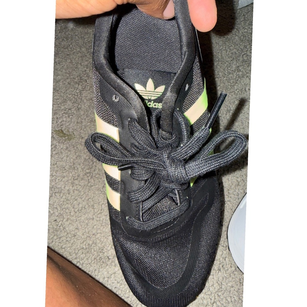 Adidas Black‎ Neon Green Stripes Athletic Running Shoes Sneakers Men's Size 5 US - Picture 3 of 5